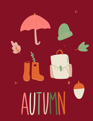 Kawaii autumn things set. 