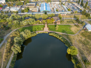 Aerial drone view. Lake in the city park of Kiev.