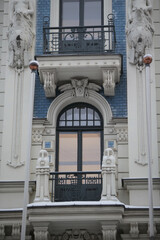Art nouveau house (detail) on Alberta street, 4a, Riga city, Latvia, Europe. Old architecture with...