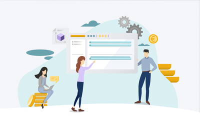 Flat design with components of software and business