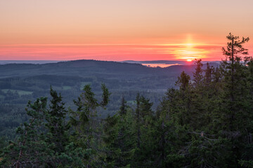 Scenic landscape with lake and sunset at evening in Koli, national park, Finland