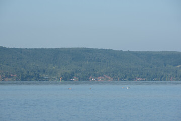 A woman sails on a sup on a lake on a clear Sunny summer day.