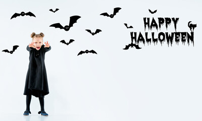 Little girl as vampire on white background, halloween time, flyer with copyspace. Black friday, cyber monday, sales, autumn concept. Flyer for your ad. Halloween mood, october time, scary and stylish.