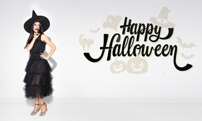 Young woman a witch on scary background, halloween flyer