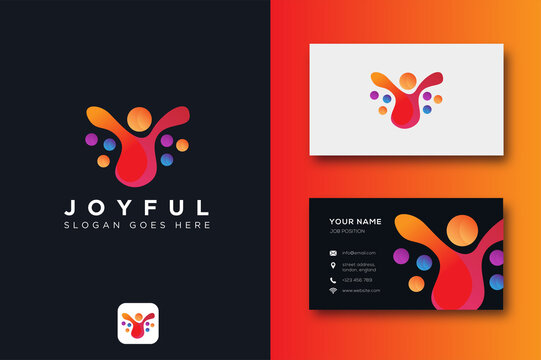 Abstract liquid of jumping joyful person human logo icon vector and business card template