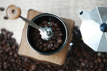 Manual coffee grinder with coffee bean and Drip Kettle Set