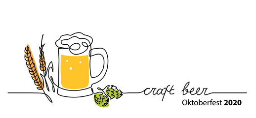 Craft beer vector banner, background with beer glass, hop and barley spikelet. One continuous line drawing background with lettering craft beer.