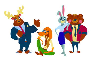 Humanized animals' business animals characters teamwork. cat, zebra, squirrel, elk 