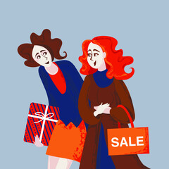 Two girlfriends walking and shopping together. Banner. Happy women's day card, poster, banner. Hand drawn vector illustration.