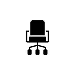 Office chair icon in black flat glyph, filled style isolated on white background