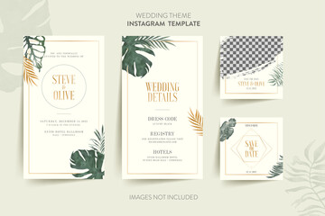 Instagram template for wedding invitation card with tropical flower and leaves Premium Vector