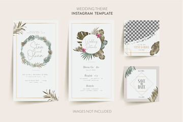 Instagram template for wedding invitation card with tropical flower and leaves Premium Vector