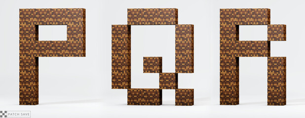 Letters P, Q, R, pixel block. The concept of modern pixel games. Alphabet of kids 3d render, path save.