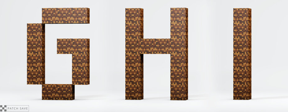 Letters G, H, I, pixel block. The concept of modern pixel games. Alphabet of kids 3d render, path save.