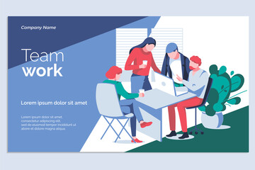 Team work banner template. Business team working on project together at desk with laptop. Business meeting, brainstorming, teamwork, interaction at business process flat vector illustration