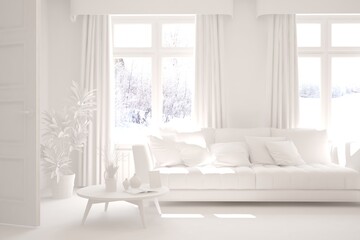 White stylish minimalist room in grey color with sofa and winter landscape in window. Scandinavian interior design. 3D illustration