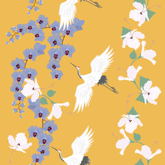 Seamless vector illustration with birds cranes, hibiscus flowers and orchid