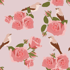 Seamless vector illustration with delicate roses and birds