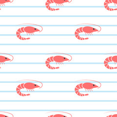 Shrimp seamless vector illustration. Fresh sea food pattern  on white background. 
