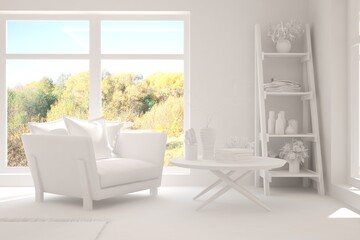 White stylish minimalist room with armchair and autumn landscape in window. Scandinavian interior design. 3D illustration