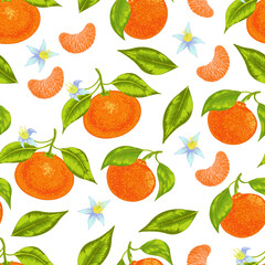 Seamless vector orange mandarin tangerine with leaves and flowers pattern. Colorful juicy background 