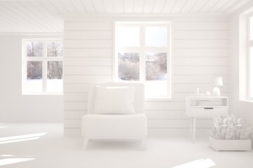 White stylish minimalist room with armchair and winter landscape in window. Scandinavian interior design. 3D illustration