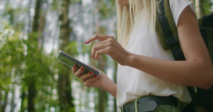 Close-up of a mobile phone in the hands of a female traveler walking through the forest. Social networks Navigator and messenger. Use your mobile phone for a walk in the woods