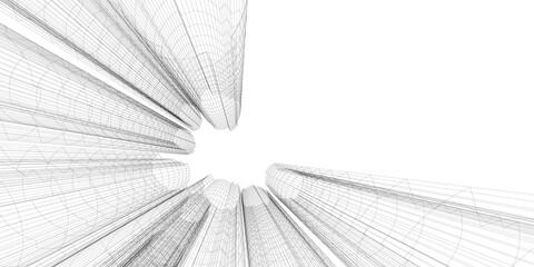 Abstract architectural background. Linear 3D illustration. Concept sketch