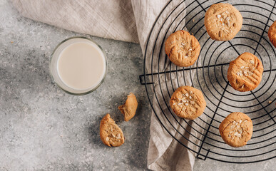 Obraz na płótnie Canvas Gluten free homemade oatmeal cookies and oat milk on a light background.