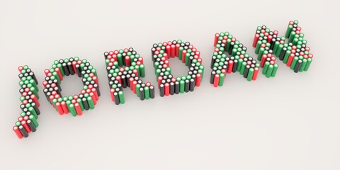 JORDAN text made with many batteries. Electrical technologies related 3d rendering