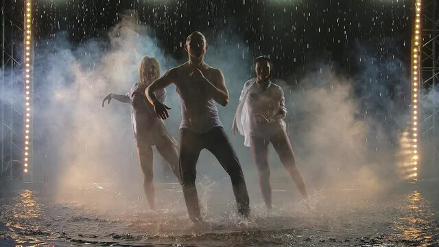 Professional dancers perform salsa elements in a dark smoky studio. Silhouettes of three bodies in the rain moving in slow motion.