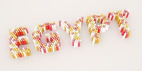 EGYPT text made with many batteries. Electrical technologies related 3d rendering