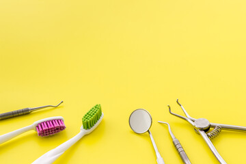 Dentist equipment. Tools, toothbrushes, dental floss close up