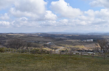 The peaceful farmyard landscape of the Hokkaido in Japan