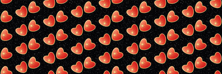 Vector red hearts seamless vector border. Banner of pairs of gold framed scattered love symbols on terrazzo textured black backdrop. Edging, ribbon for engagement, wedding, Valentines day celebration
