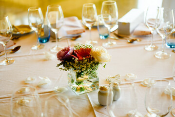 Closeup on table set for an event party or wedding reception lovely background.