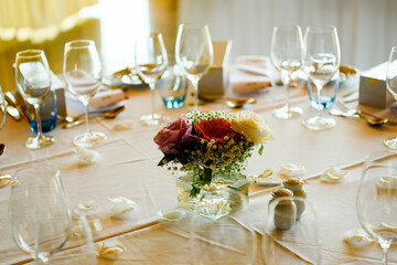 Closeup on table set for an event party or wedding reception lovely background.