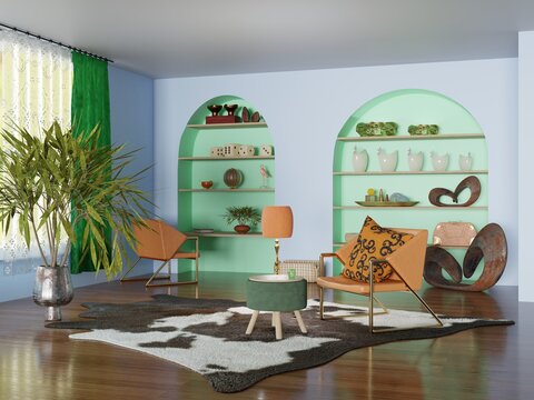 Livingroom interior render with furniture, decoration and plants