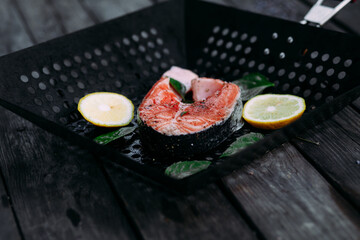 Salmon steak on the grill pan