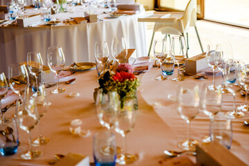 Closeup on table set for an event party or wedding reception lovely background.