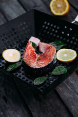 Salmon steak on the grill pan
