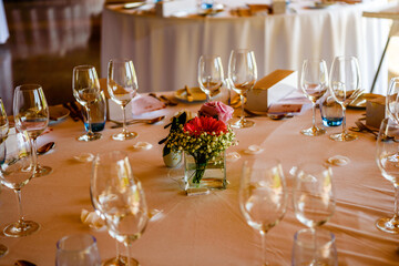 Closeup on table set for an event party or wedding reception lovely background.