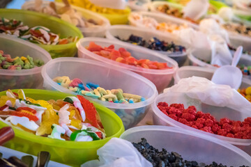 Assorted candy sweets on market
