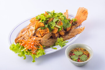 Fried fish and seafood sauce on the white background.