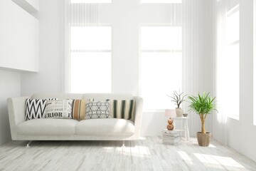 White living room with sofa. Scandinavian interior design. 3D illustration