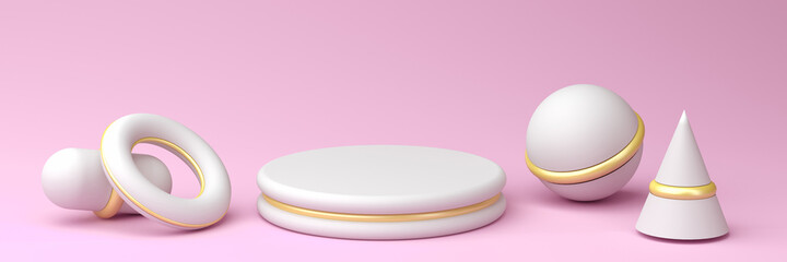 white podium with gold accents on pastel pink background, 3d render