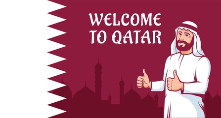 Positive Arab man thumbs up on Qatar flag background. Arabian man say welcome to Qatar. Vector illustration.