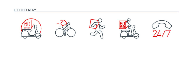 Online delivery service line icons set isolated on white. outline symbols food delivery service banner. Quality design elements running courier Box, bicycle, motor scooter, bike with editable Stroke