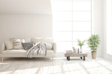 White living room with sofa. Scandinavian interior design. 3D illustration