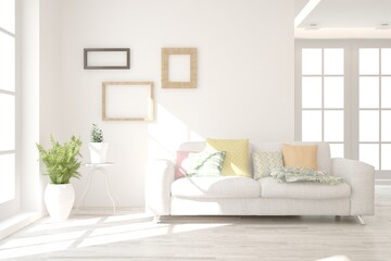 White living room with sofa. Scandinavian interior design. 3D illustration
